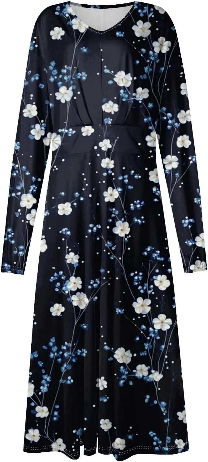 Dresses for Women 2025 Spring V Neck Long Sleeve Midi Cute Flowy Tea Length Summer Curvy Waist Dress