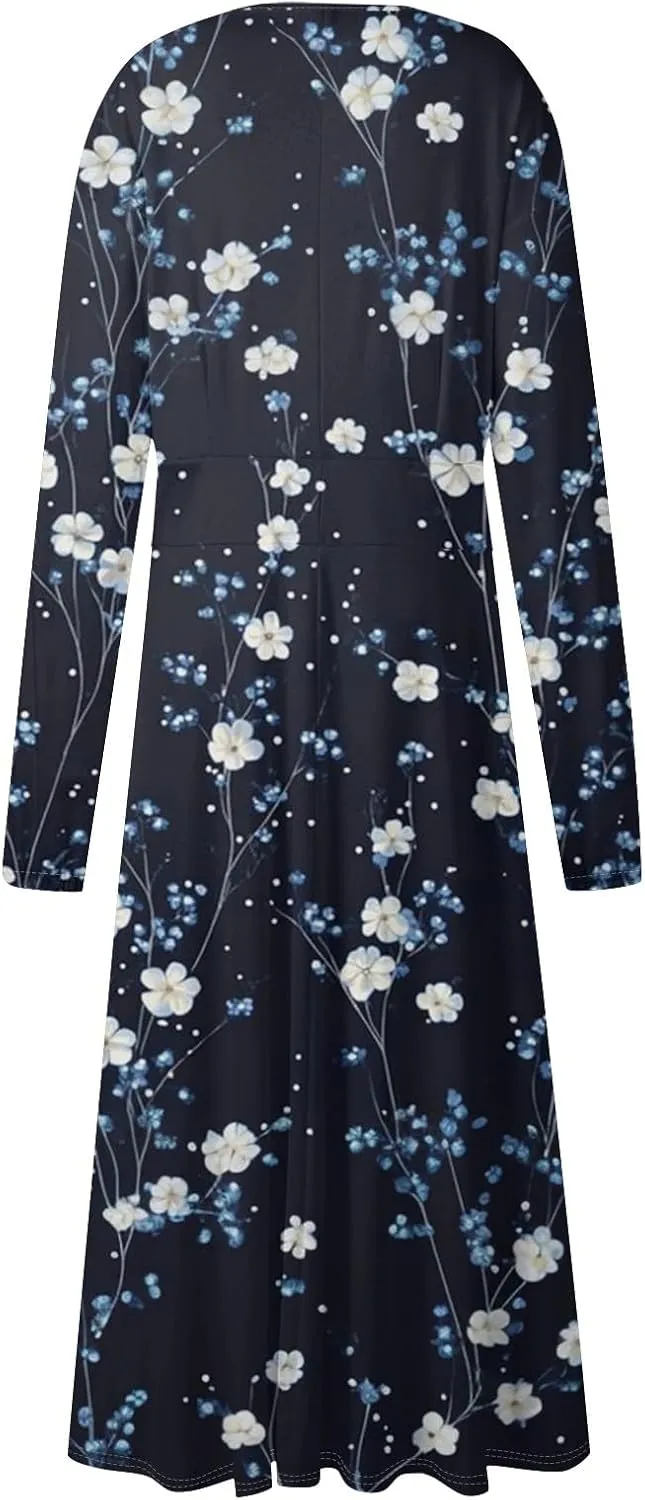 Dresses for Women 2025 Spring V Neck Long Sleeve Midi Cute Flowy Tea Length Summer Curvy Waist Dress