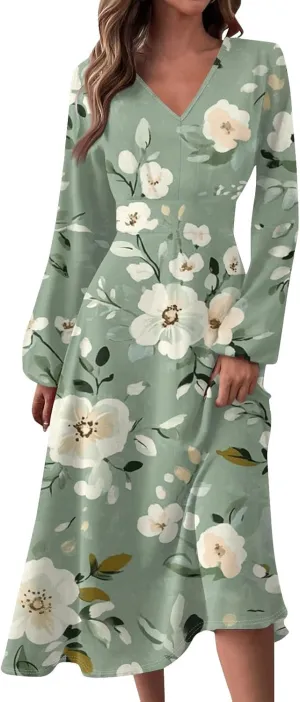 Dresses for Women 2025 Spring V Neck Long Sleeve Midi Cute Flowy Tea Length Summer Curvy Waist Dress
