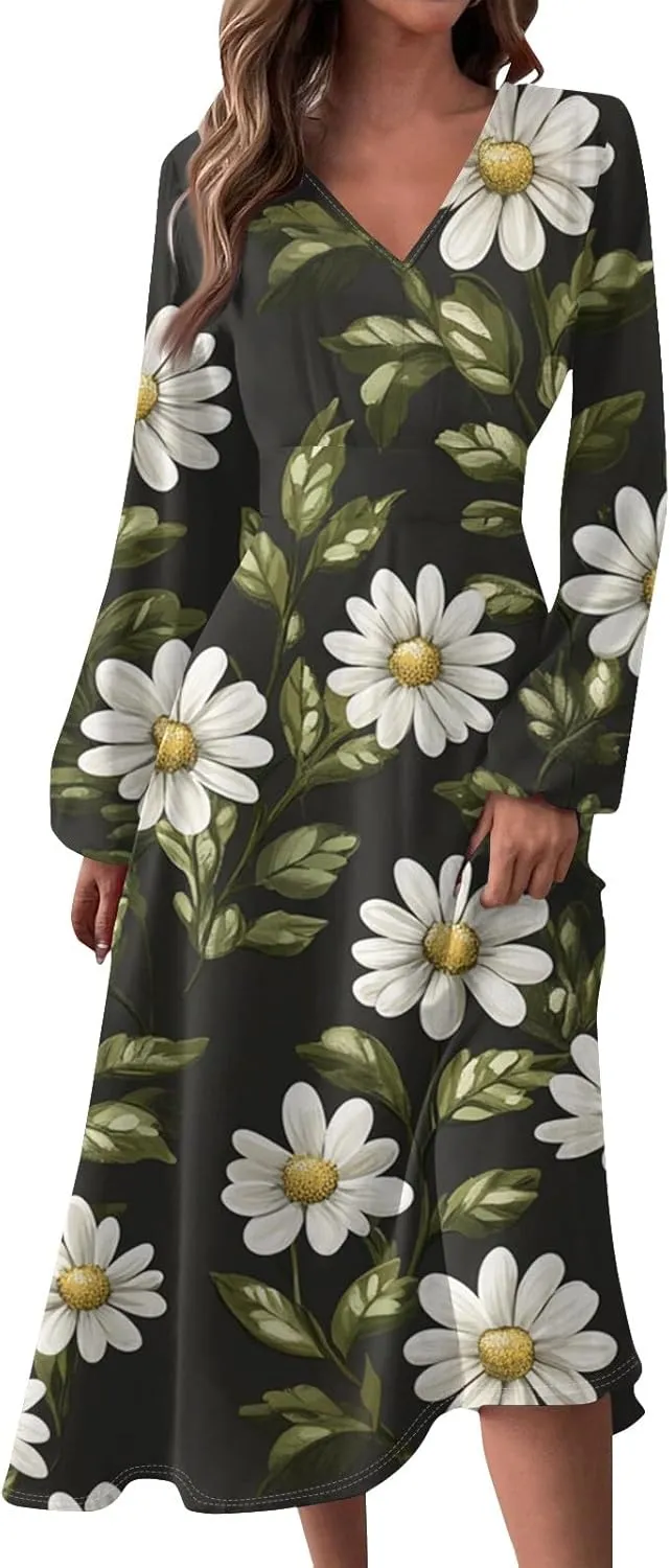 Dresses for Women 2025 Spring V Neck Long Sleeve Midi Cute Flowy Tea Length Summer Curvy Waist Dress