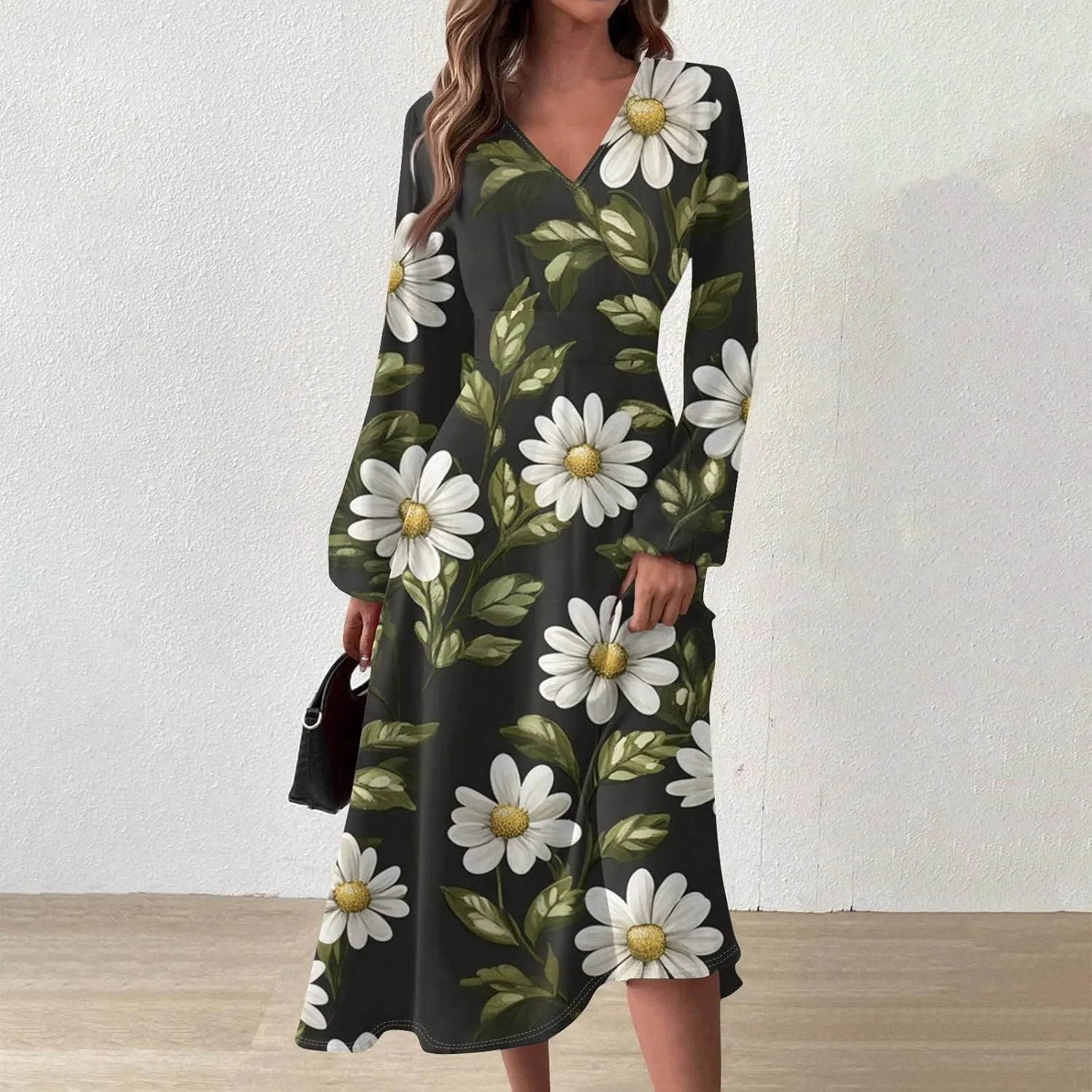 Dresses for Women 2025 Spring V Neck Long Sleeve Midi Cute Flowy Tea Length Summer Curvy Waist Dress