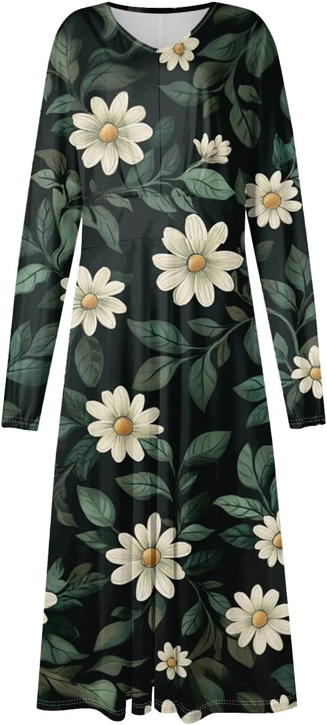 Dresses for Women 2025 Spring V Neck Long Sleeve Midi Cute Flowy Tea Length Summer Curvy Waist Dress