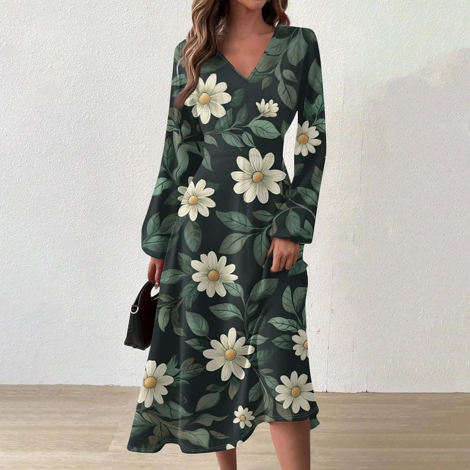 Dresses for Women 2025 Spring V Neck Long Sleeve Midi Cute Flowy Tea Length Summer Curvy Waist Dress