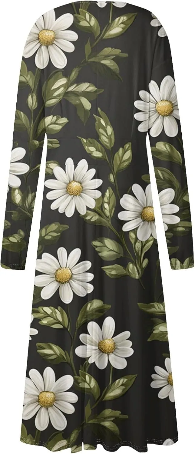 Dresses for Women 2025 Spring V Neck Long Sleeve Midi Cute Flowy Tea Length Summer Curvy Waist Dress
