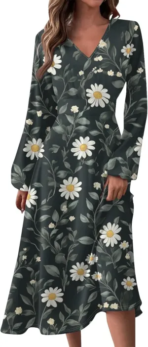 Dresses for Women 2025 Spring V Neck Long Sleeve Midi Cute Flowy Tea Length Summer Curvy Waist Dress