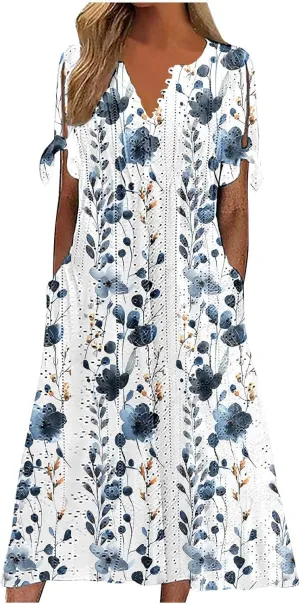 Dresses for Women Boho Eyelet Button V Neck Tie Knot Short Sleeve Dress Flowy Beach Vacation Midi Dress with Pocket