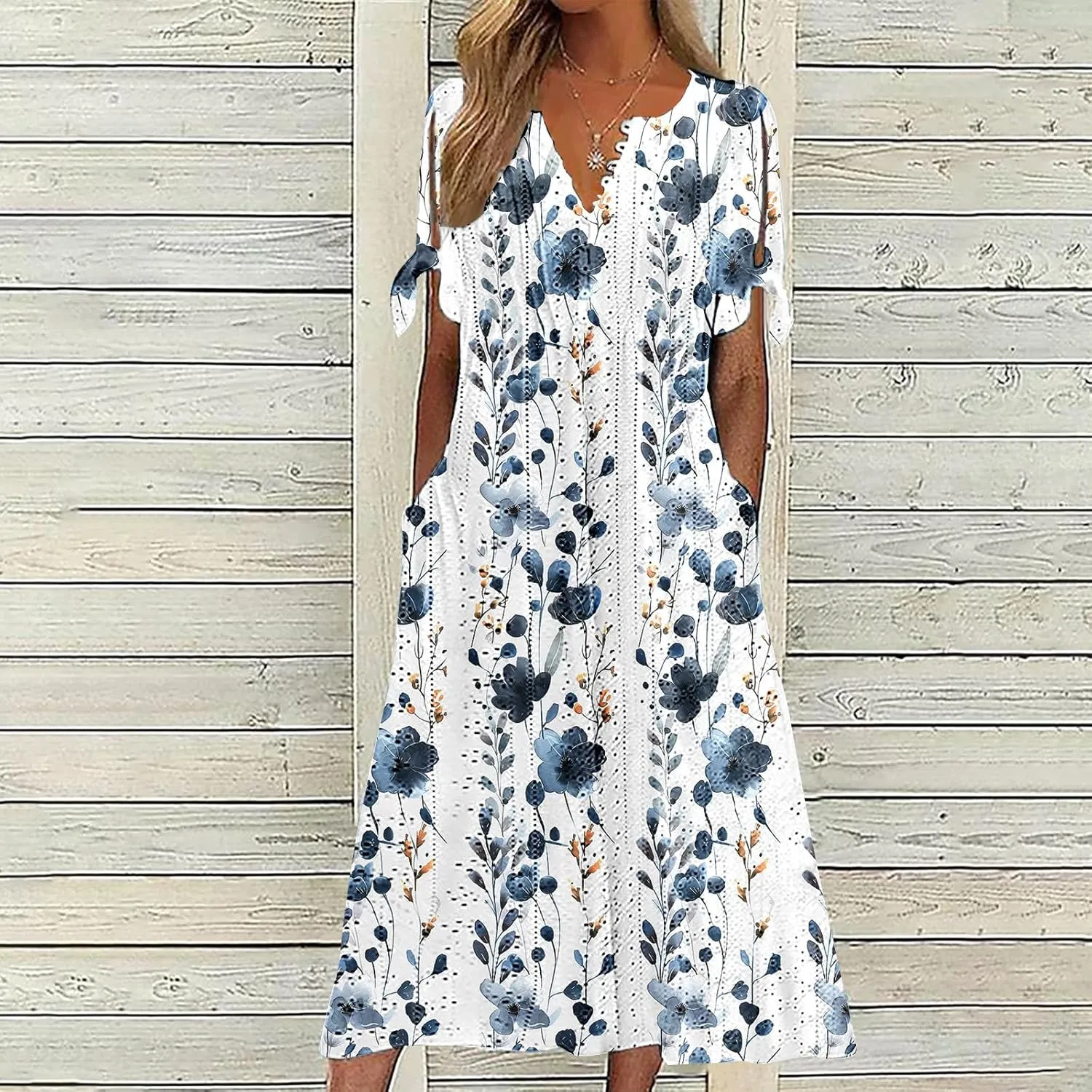 Dresses for Women Boho Eyelet Button V Neck Tie Knot Short Sleeve Dress Flowy Beach Vacation Midi Dress with Pocket