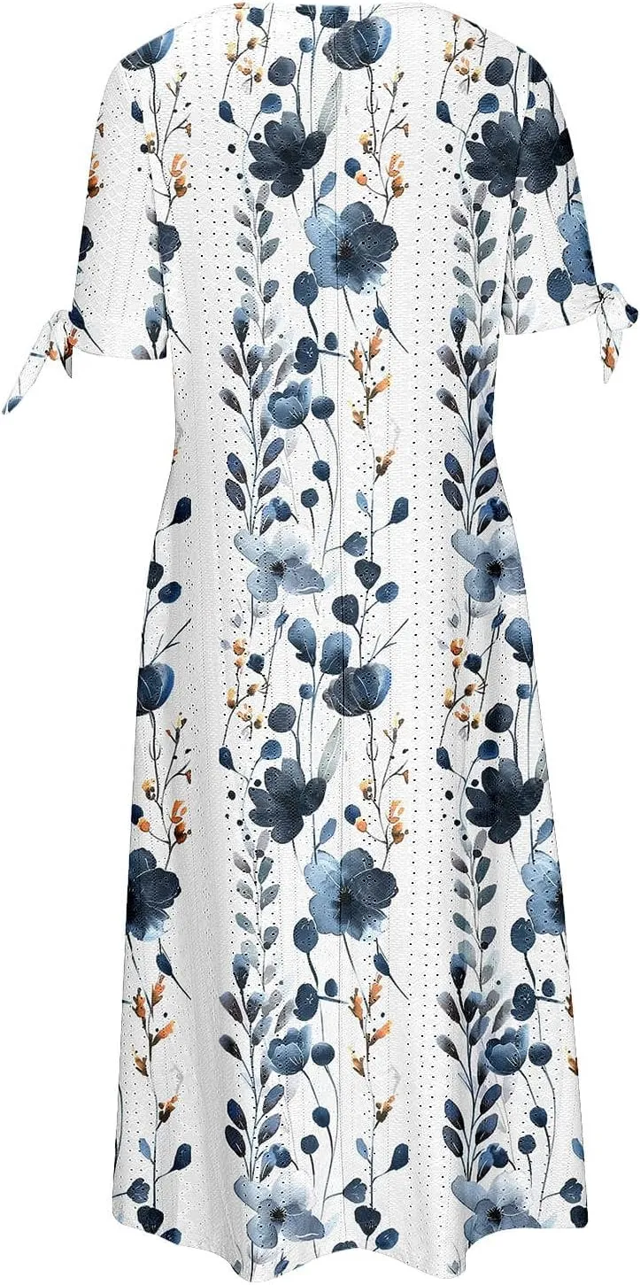 Dresses for Women Boho Eyelet Button V Neck Tie Knot Short Sleeve Dress Flowy Beach Vacation Midi Dress with Pocket