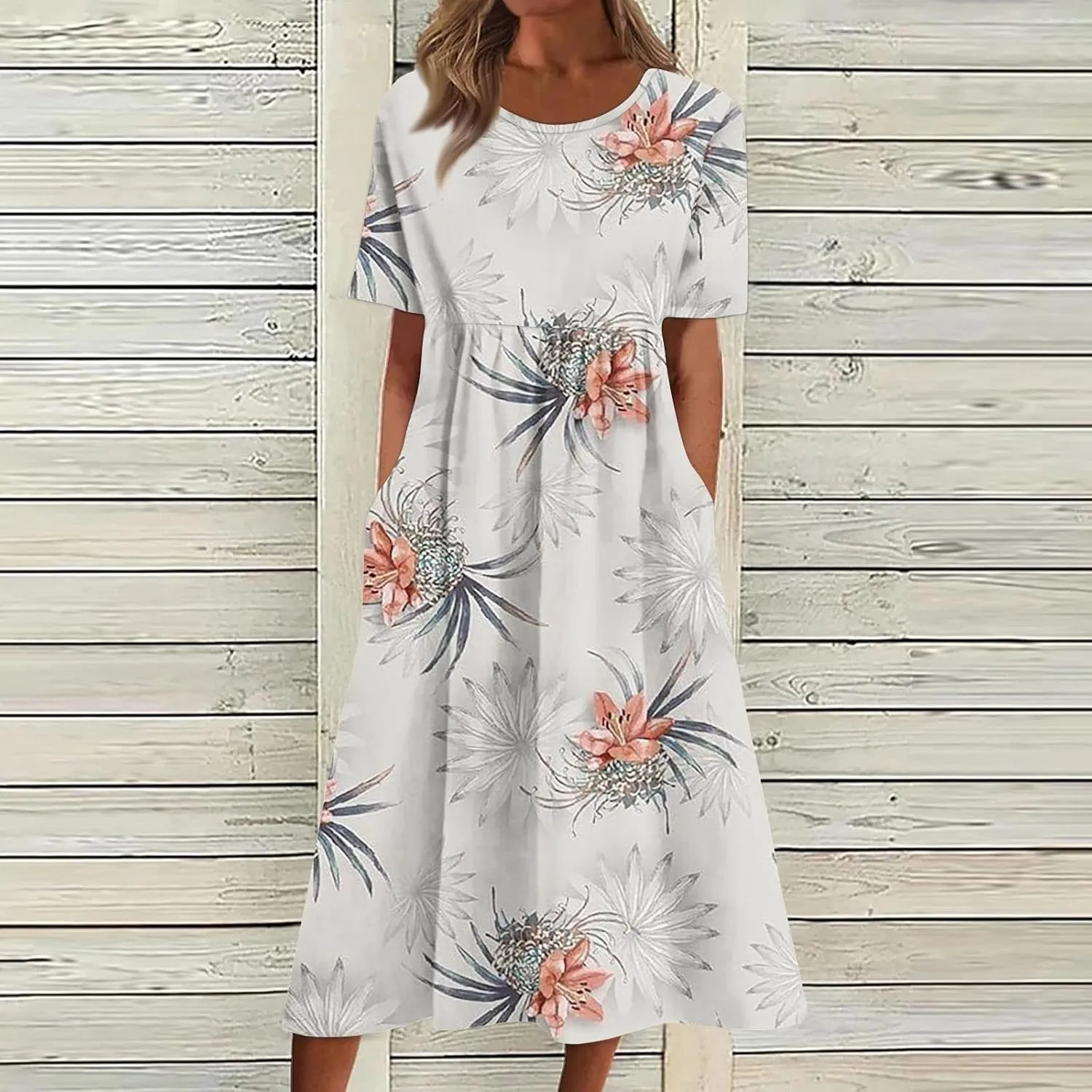 Dresses for Women Printed Short Sleeve Dresses Crewneck High Waist Dress Boho Vintage Midi Dress Casual Summer Dress