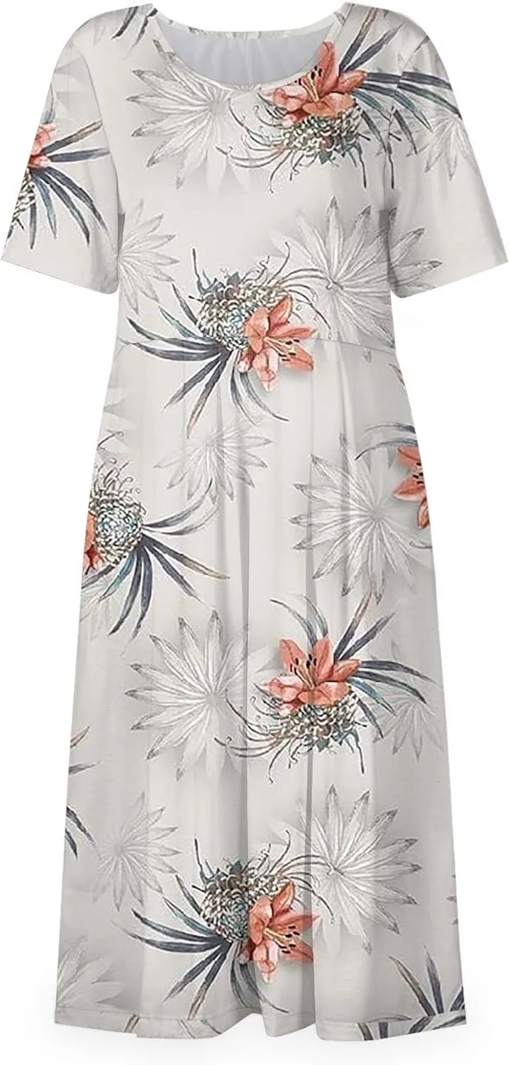 Dresses for Women Printed Short Sleeve Dresses Crewneck High Waist Dress Boho Vintage Midi Dress Casual Summer Dress