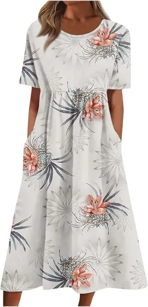 Dresses for Women Printed Short Sleeve Dresses Crewneck High Waist Dress Boho Vintage Midi Dress Casual Summer Dress