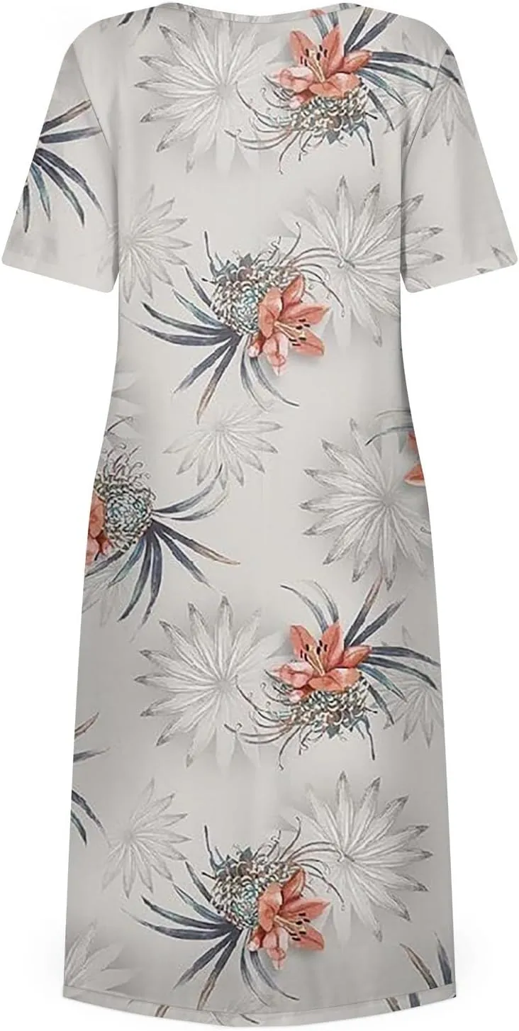 Dresses for Women Printed Short Sleeve Dresses Crewneck High Waist Dress Boho Vintage Midi Dress Casual Summer Dress