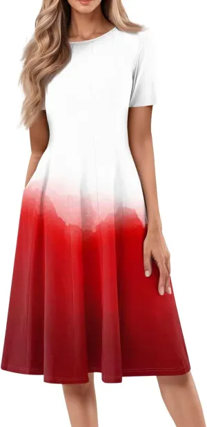 Dresses for Women Summer Short Sleeve Wrap Dress High Waist Floral Dresses Crew Neck Work Midi Dress with Pockets