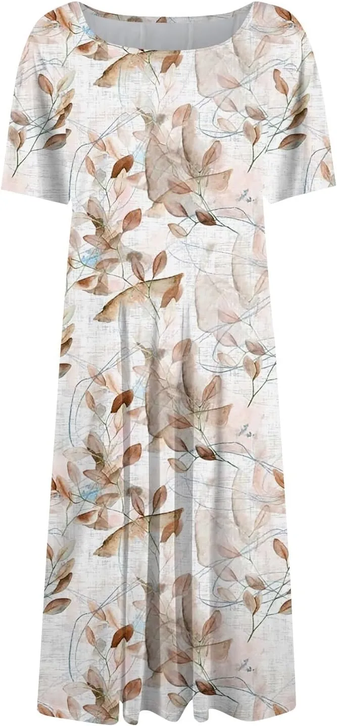 Dresses for Women Summer Short Sleeve Wrap Dress High Waist Floral Dresses Crew Neck Work Midi Dress with Pockets