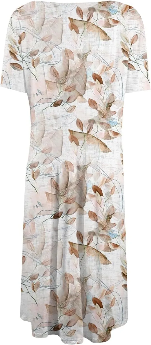 Dresses for Women Summer Short Sleeve Wrap Dress High Waist Floral Dresses Crew Neck Work Midi Dress with Pockets