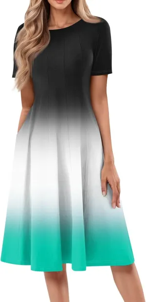 Dresses for Women Summer Short Sleeve Wrap Dress High Waist Floral Dresses Crew Neck Work Midi Dress with Pockets