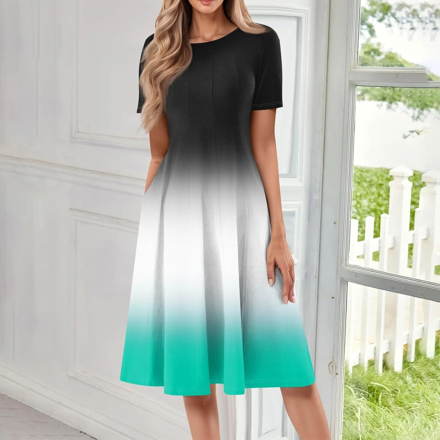 Dresses for Women Summer Short Sleeve Wrap Dress High Waist Floral Dresses Crew Neck Work Midi Dress with Pockets