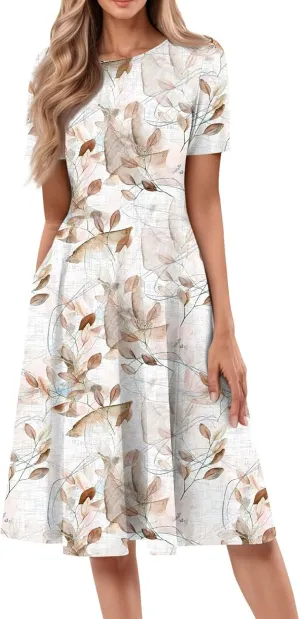 Dresses for Women Summer Short Sleeve Wrap Dress High Waist Floral Dresses Crew Neck Work Midi Dress with Pockets