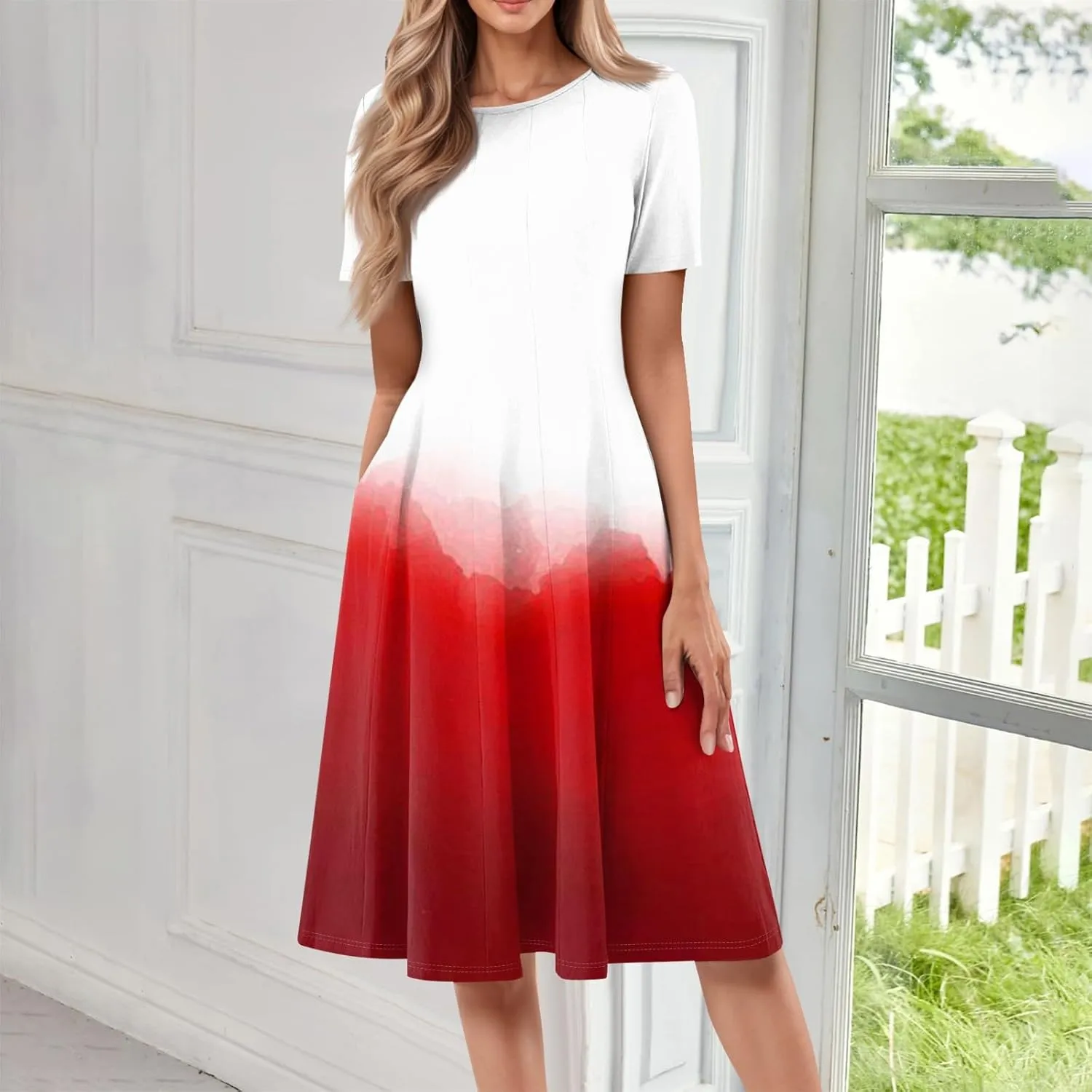 Dresses for Women Summer Short Sleeve Wrap Dress High Waist Floral Dresses Crew Neck Work Midi Dress with Pockets