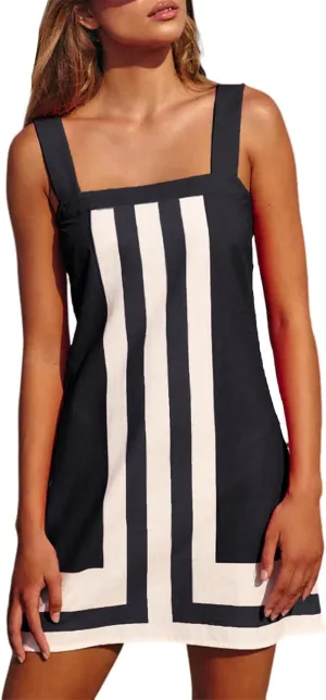 Dresses for Women Summer Striped Dress Boho Shoulder Strap Sundress Casual Square Neck Sleeveless Dresses for Beach