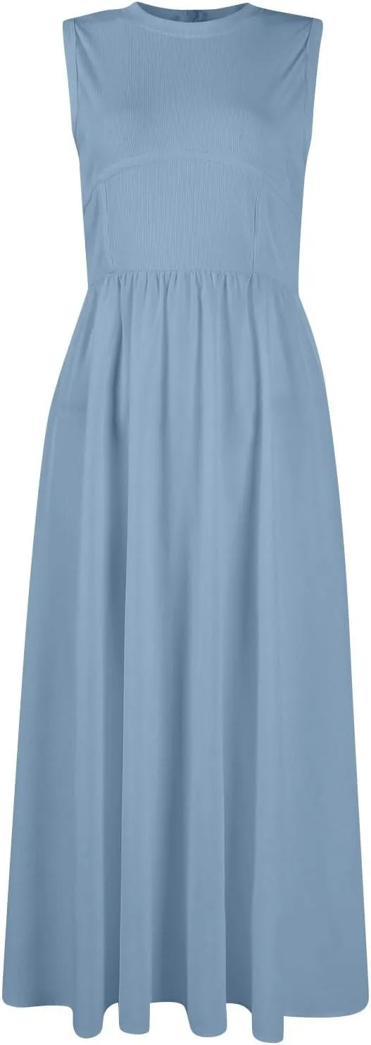 Dresses for Women Summer Tank Dress 2025 Sundress Ruched Sleeveless Empire Waist Dress Ruffle Dresses with Pockets