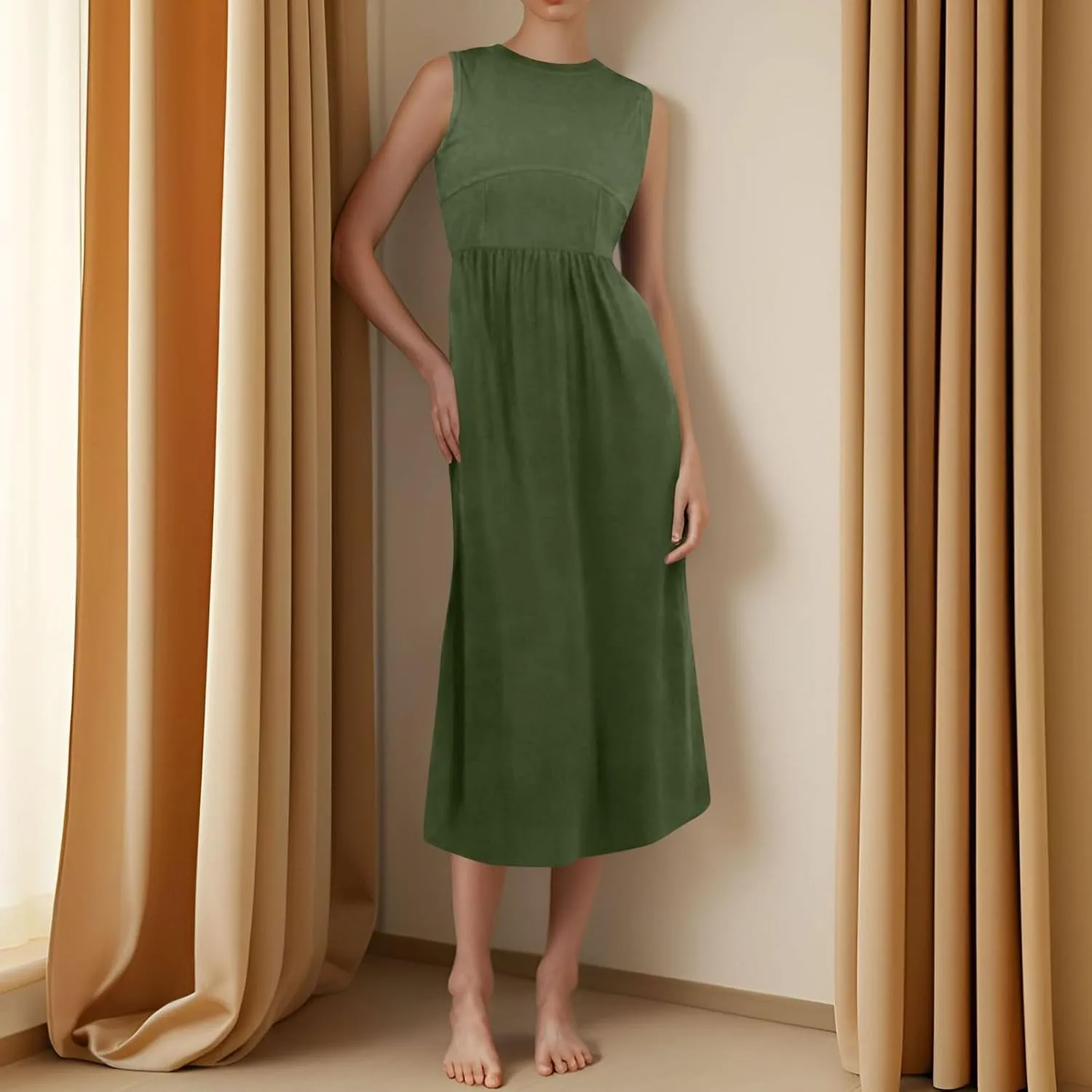 Dresses for Women Summer Tank Dress 2025 Sundress Ruched Sleeveless Empire Waist Dress Ruffle Dresses with Pockets