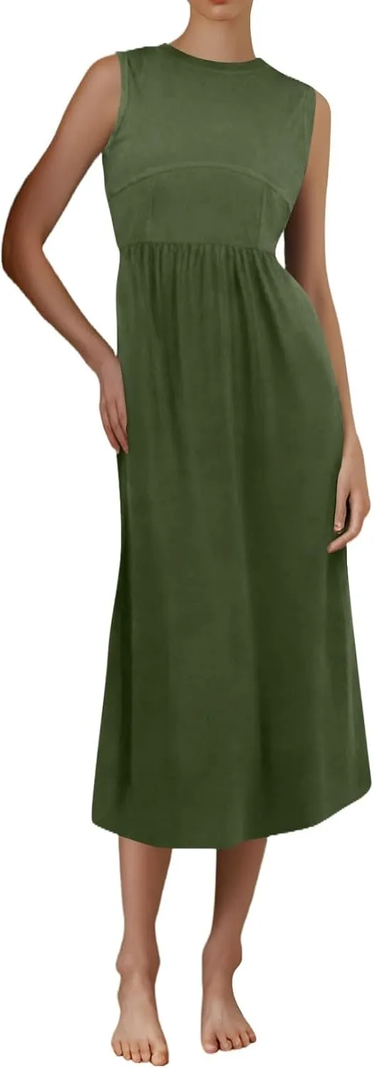 Dresses for Women Summer Tank Dress 2025 Sundress Ruched Sleeveless Empire Waist Dress Ruffle Dresses with Pockets
