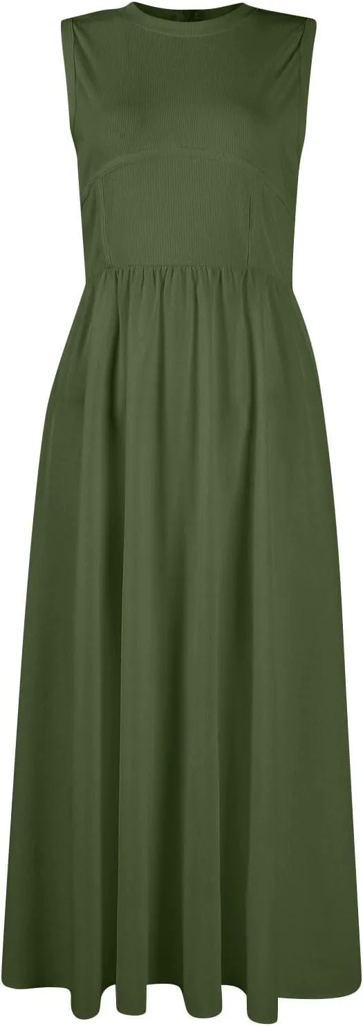 Dresses for Women Summer Tank Dress 2025 Sundress Ruched Sleeveless Empire Waist Dress Ruffle Dresses with Pockets