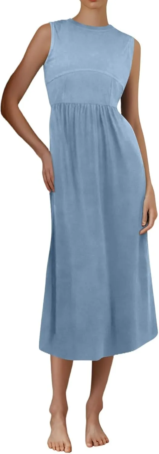 Dresses for Women Summer Tank Dress 2025 Sundress Ruched Sleeveless Empire Waist Dress Ruffle Dresses with Pockets