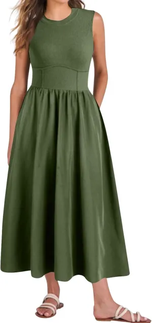 Dresses for Women Summer Tank Dress 2025 Sundress Ruched Sleeveless Empire Waist Dress Ruffle Dresses with Pockets