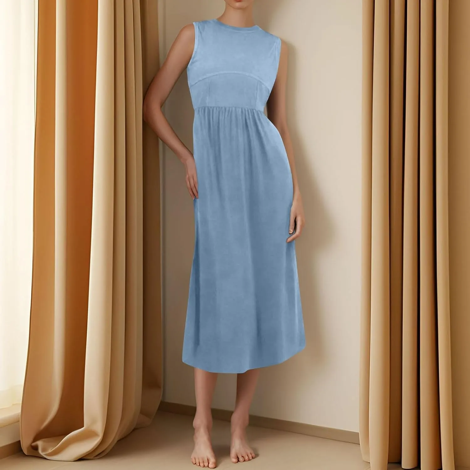 Dresses for Women Summer Tank Dress 2025 Sundress Ruched Sleeveless Empire Waist Dress Ruffle Dresses with Pockets