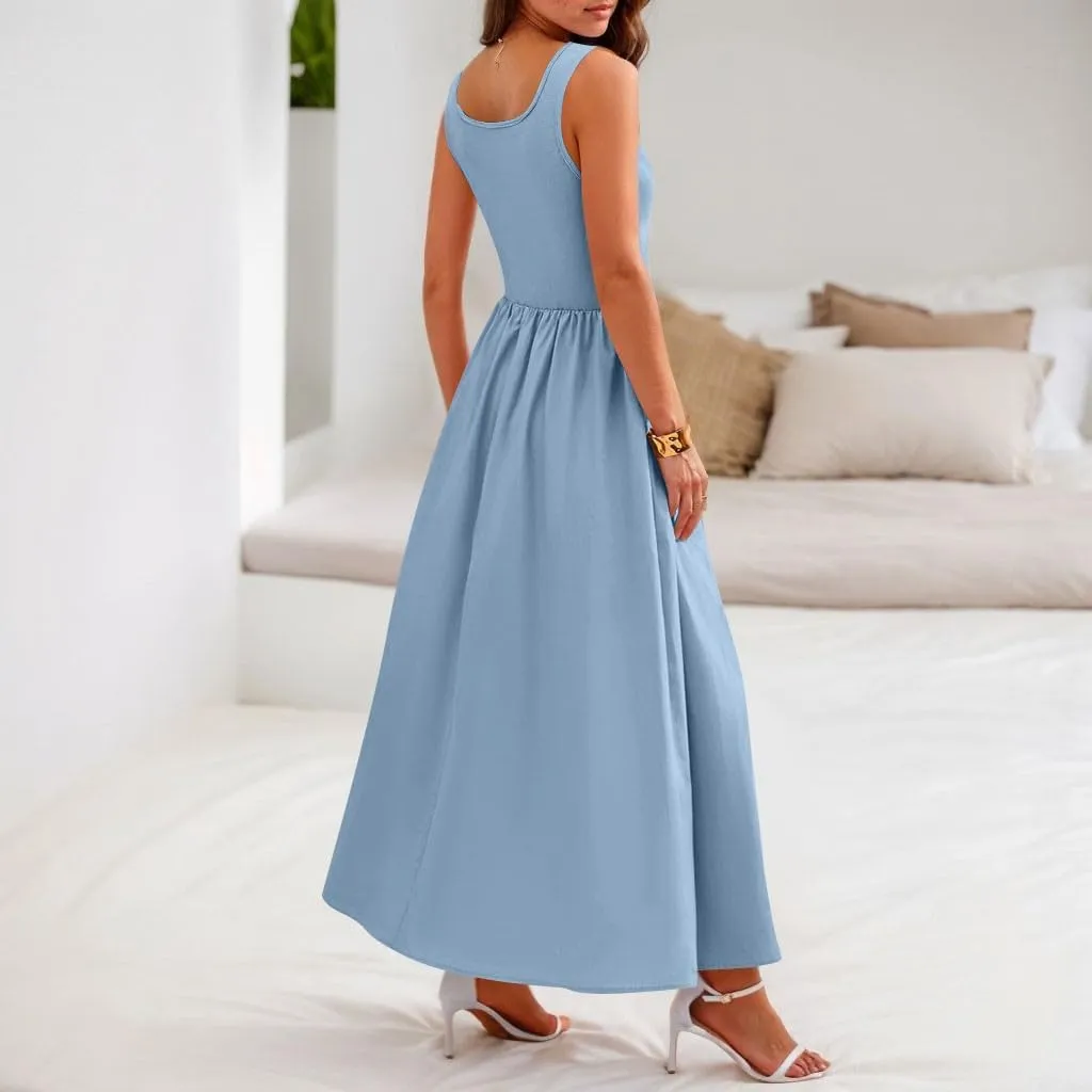 Dresses for Women Summer Tank Dress 2025 Sundress Ruched Sleeveless Empire Waist Dress Ruffle Dresses with Pockets
