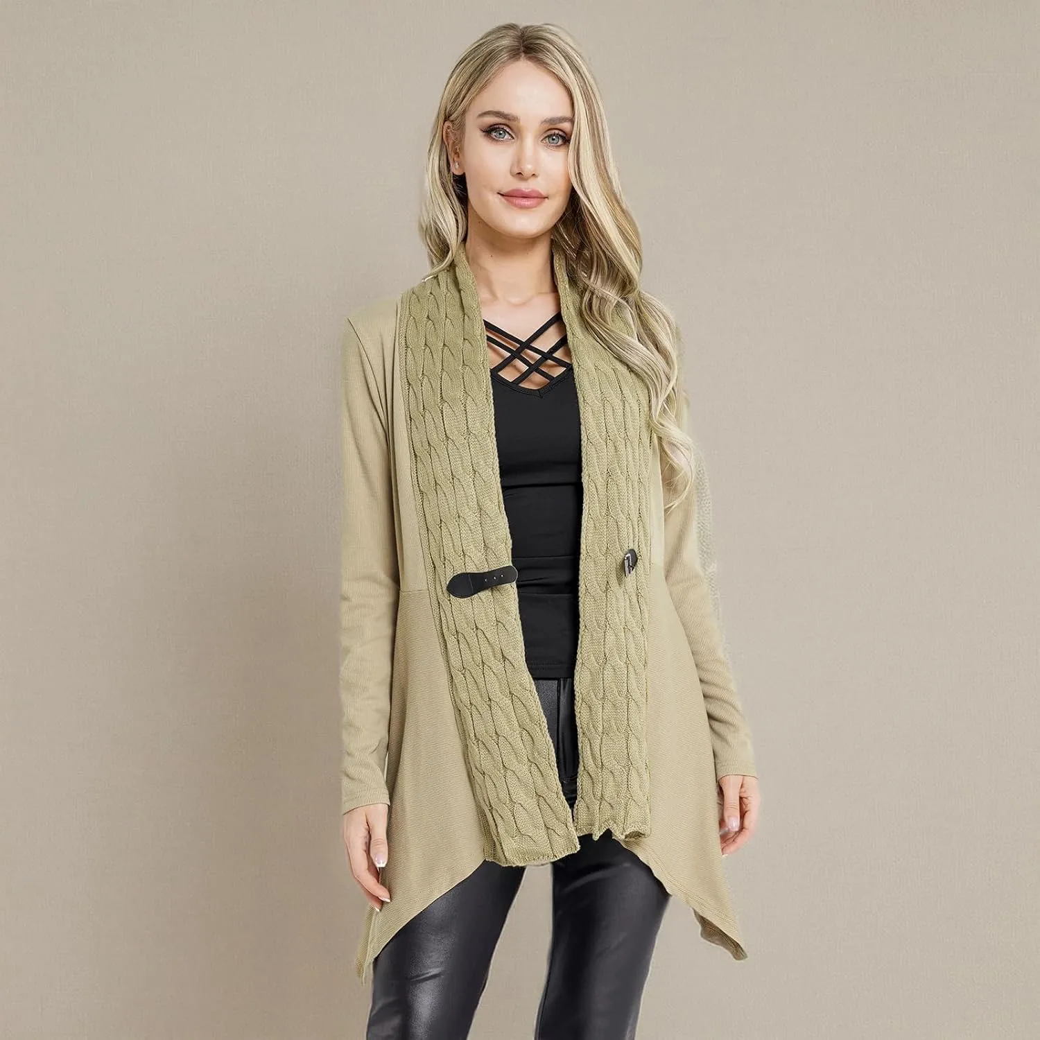 DRESSFO Women's Fall Winter Cardigan Sweater Long Sleeve Open Front Coat Casual Cable Knit Cardigan Coat Outerwear