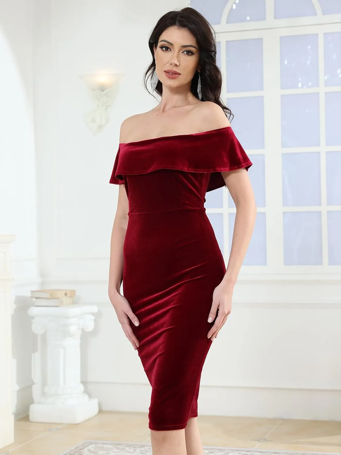 ECHOINE Womens Velvet Long Sleeve Midi Dress Sexy Off Shoulder Bodycon Wrap Cocktail Party Dresses