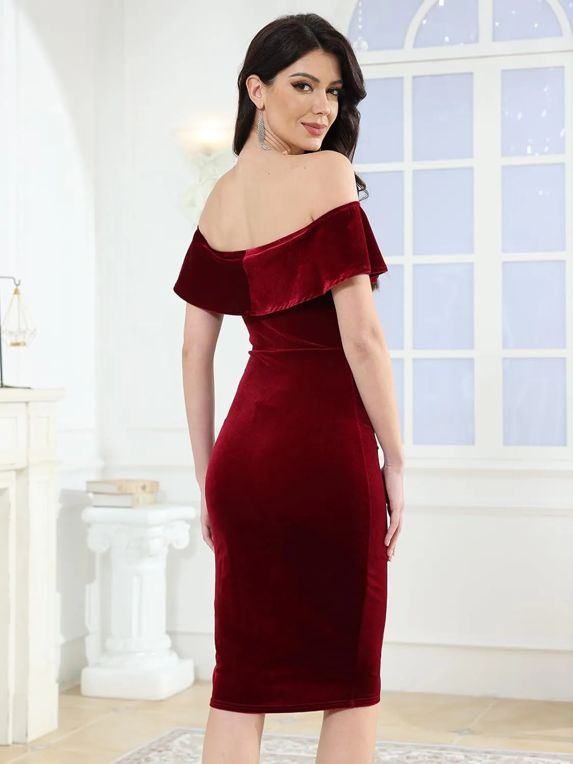 ECHOINE Womens Velvet Long Sleeve Midi Dress Sexy Off Shoulder Bodycon Wrap Cocktail Party Dresses