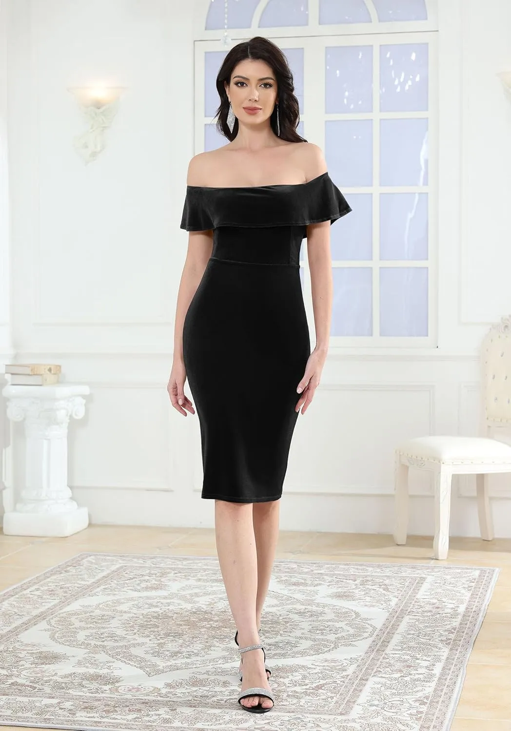 ECHOINE Womens Velvet Long Sleeve Midi Dress Sexy Off Shoulder Bodycon Wrap Cocktail Party Dresses