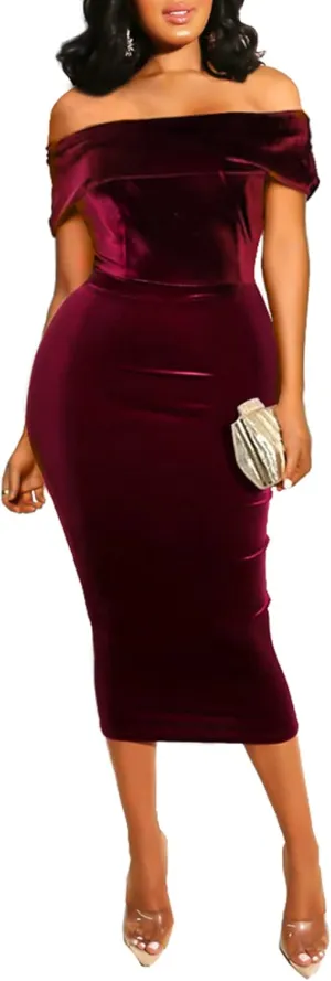 ECHOINE Womens Velvet Long Sleeve Midi Dress Sexy Off Shoulder Bodycon Wrap Cocktail Party Dresses