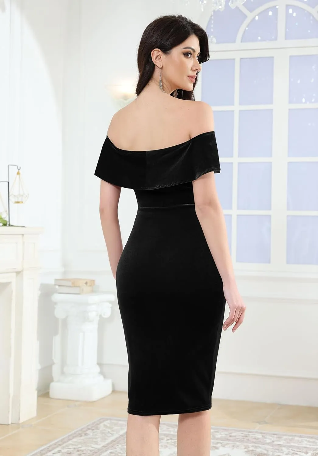 ECHOINE Womens Velvet Long Sleeve Midi Dress Sexy Off Shoulder Bodycon Wrap Cocktail Party Dresses