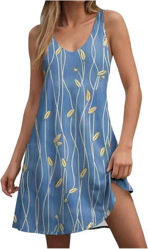 Eduavar Mini Dresses for Women Summer Sun Dresses for Women 2025 Vacation Floral Printed V Neck Sleeveless Beach Mini Dress