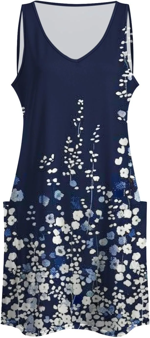 Eduavar Mini Dresses for Women Summer Tank Dress for Women Casual Floral Printed V Neck Sleeveless Loose Fit Flowy Dress