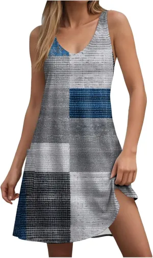 Eduavar Mini Dresses for Women Summer Tank Dress for Women Casual Floral Printed V Neck Sleeveless Loose Fit Flowy Dress
