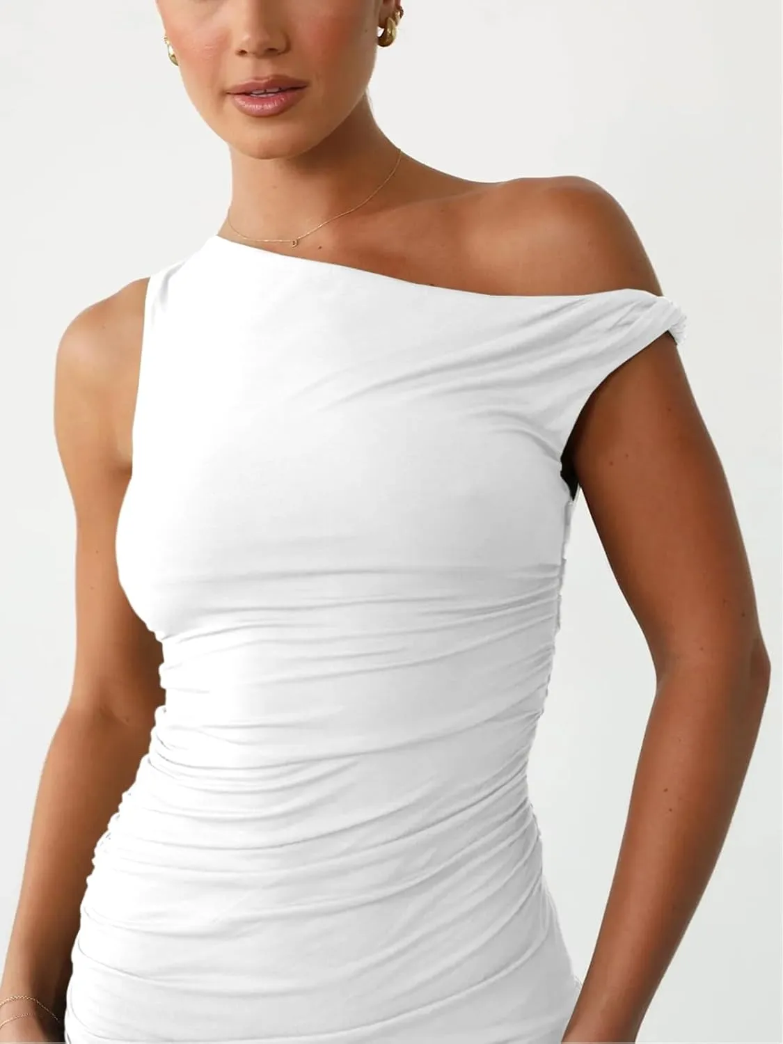 Ekaliy Women's Sexy Ruched Mini Bodycon Dress Off Shoulder Sleeveless Cocktail Short Dresses