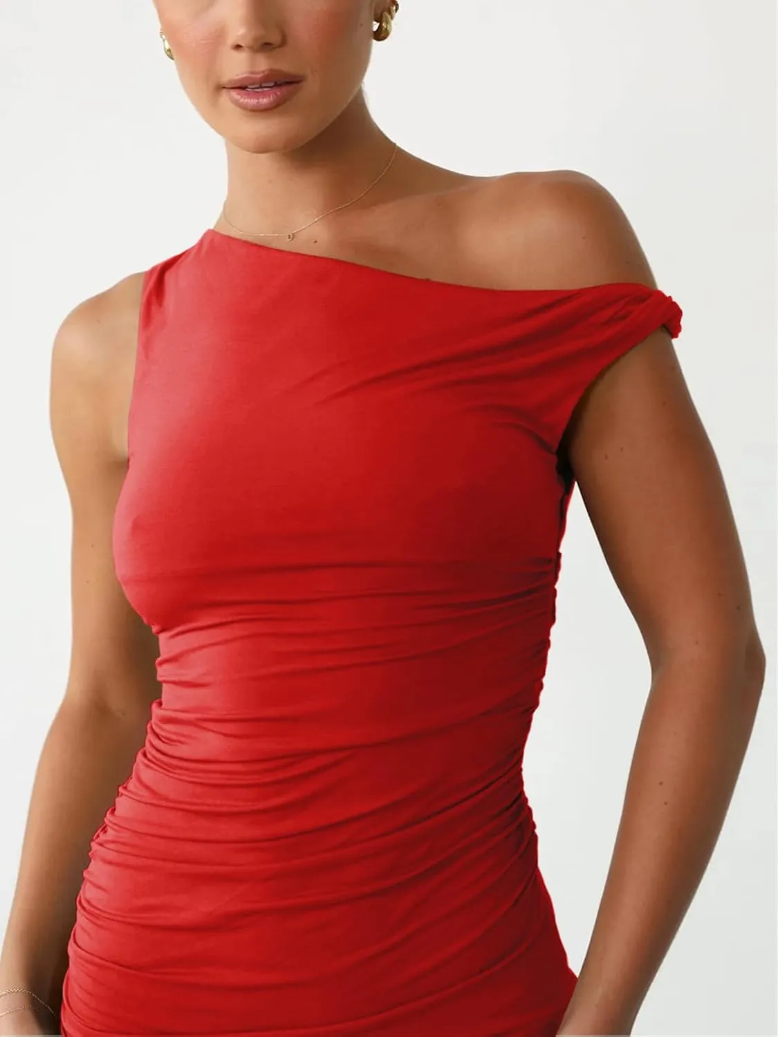Ekaliy Women's Sexy Ruched Mini Bodycon Dress Off Shoulder Sleeveless Cocktail Short Dresses