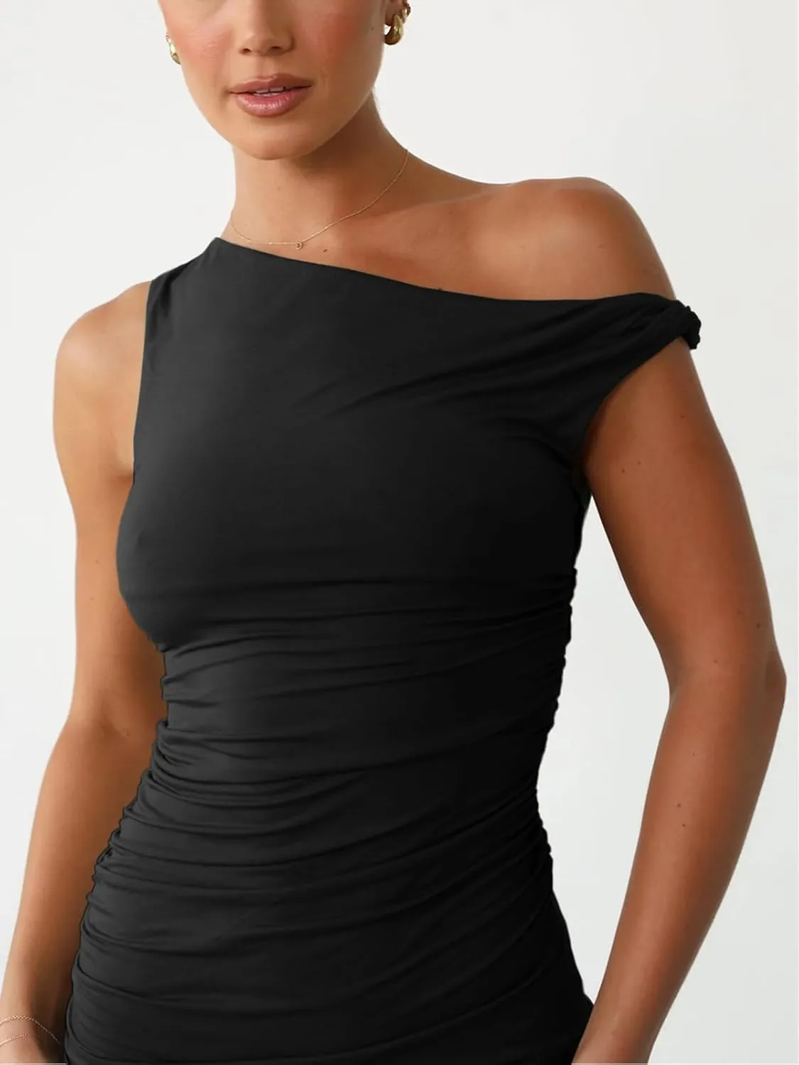Ekaliy Women's Sexy Ruched Mini Bodycon Dress Off Shoulder Sleeveless Cocktail Short Dresses