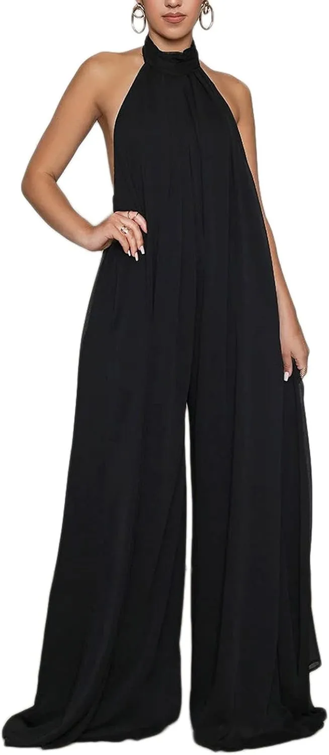 Ekaliy Women’s Sexy Summer Jumpsuit Halter Neck Sleeveless Chiffon Wide Leg Long Pant Jumpsuit Romper One Piece Outfits