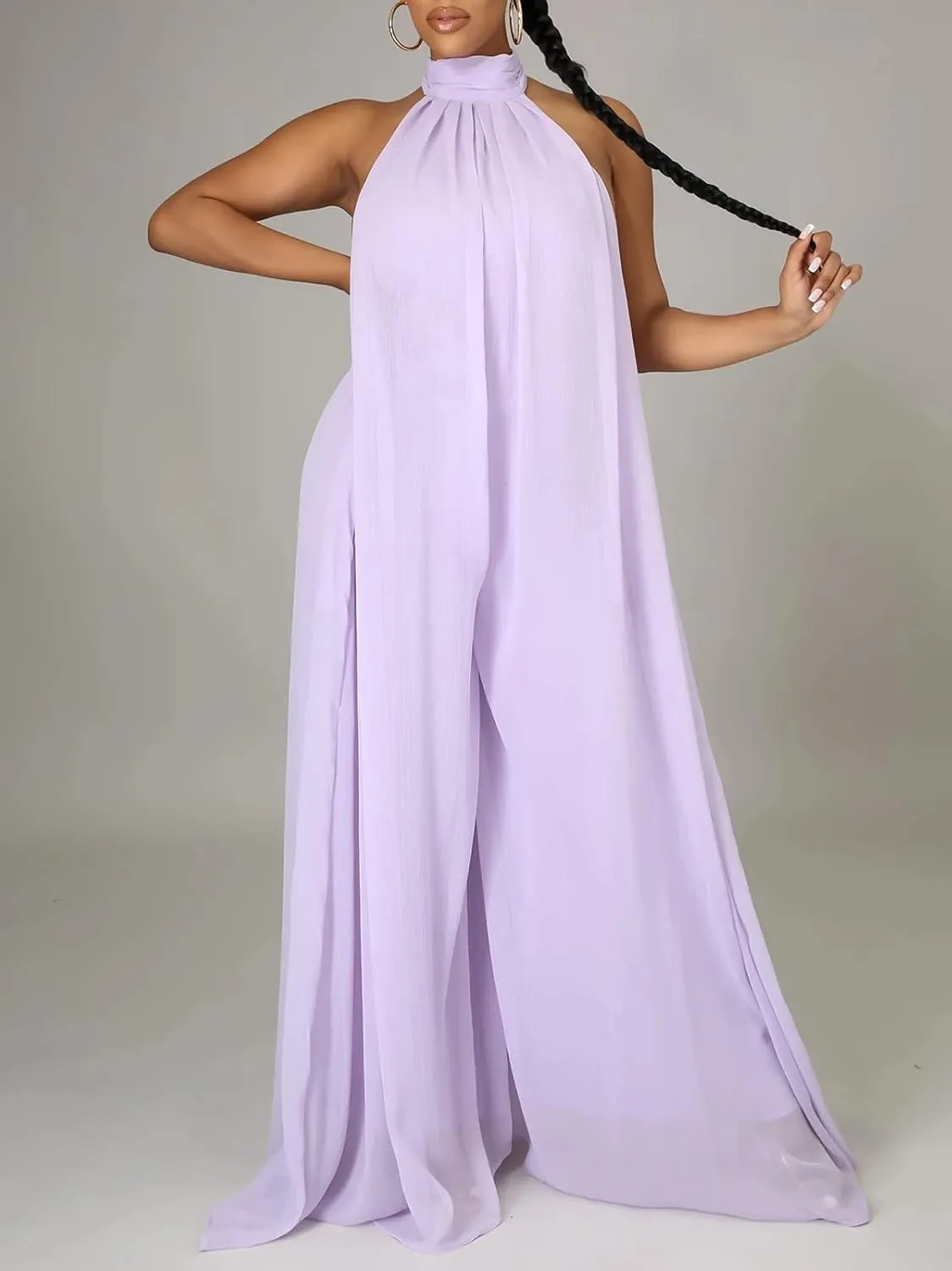 Ekaliy Women’s Sexy Summer Jumpsuit Halter Neck Sleeveless Chiffon Wide Leg Long Pant Jumpsuit Romper One Piece Outfits