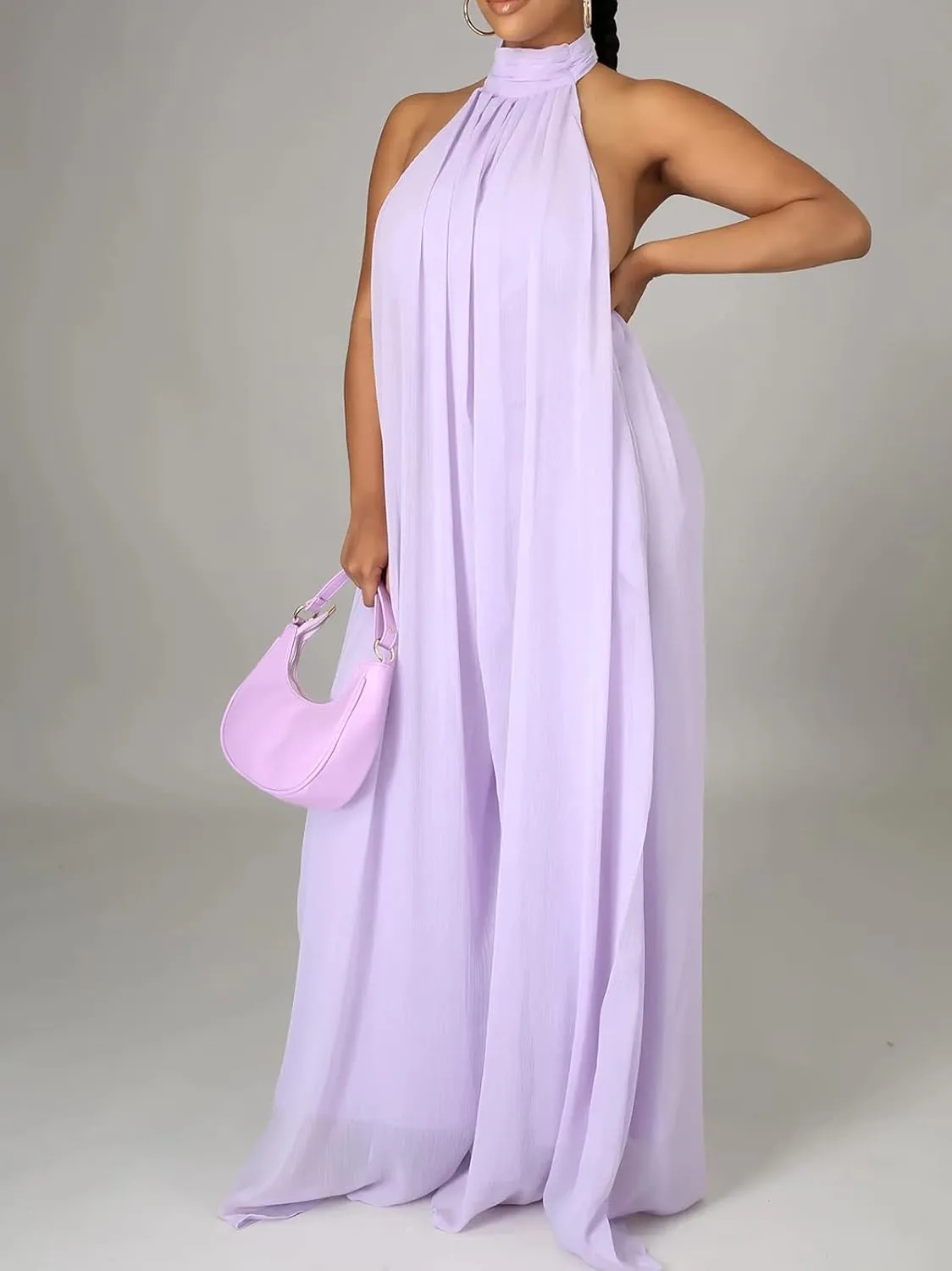Ekaliy Women’s Sexy Summer Jumpsuit Halter Neck Sleeveless Chiffon Wide Leg Long Pant Jumpsuit Romper One Piece Outfits