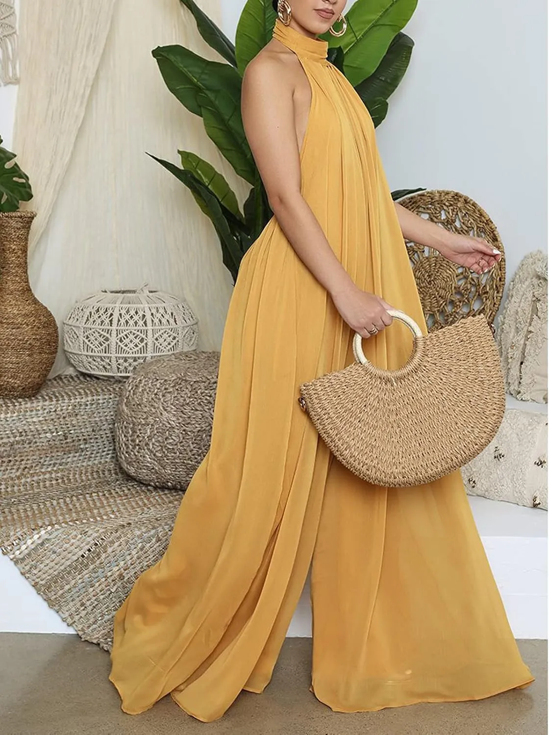 Ekaliy Women’s Sexy Summer Jumpsuit Halter Neck Sleeveless Chiffon Wide Leg Long Pant Jumpsuit Romper One Piece Outfits
