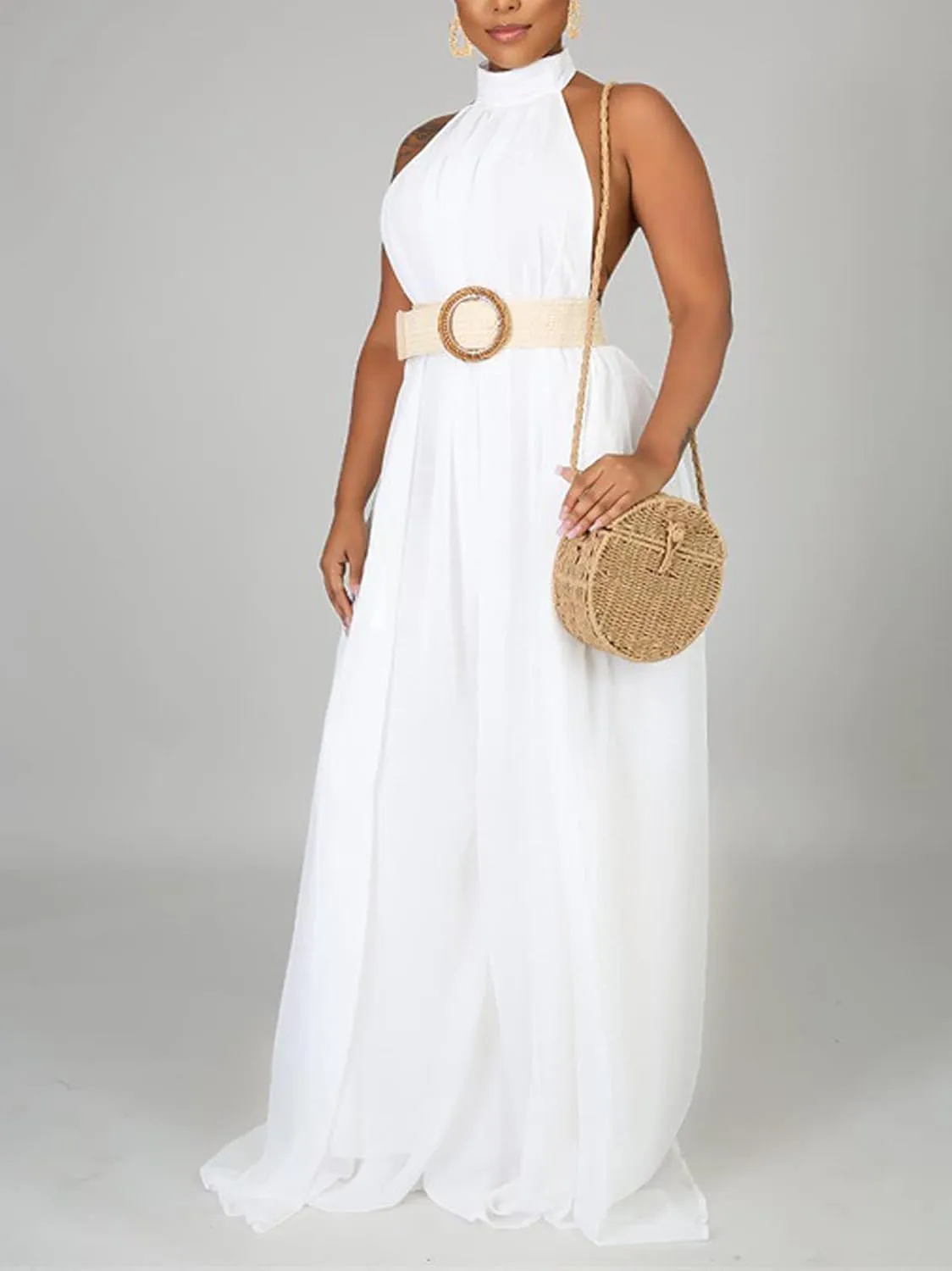 Ekaliy Women’s Sexy Summer Jumpsuit Halter Neck Sleeveless Chiffon Wide Leg Long Pant Jumpsuit Romper One Piece Outfits