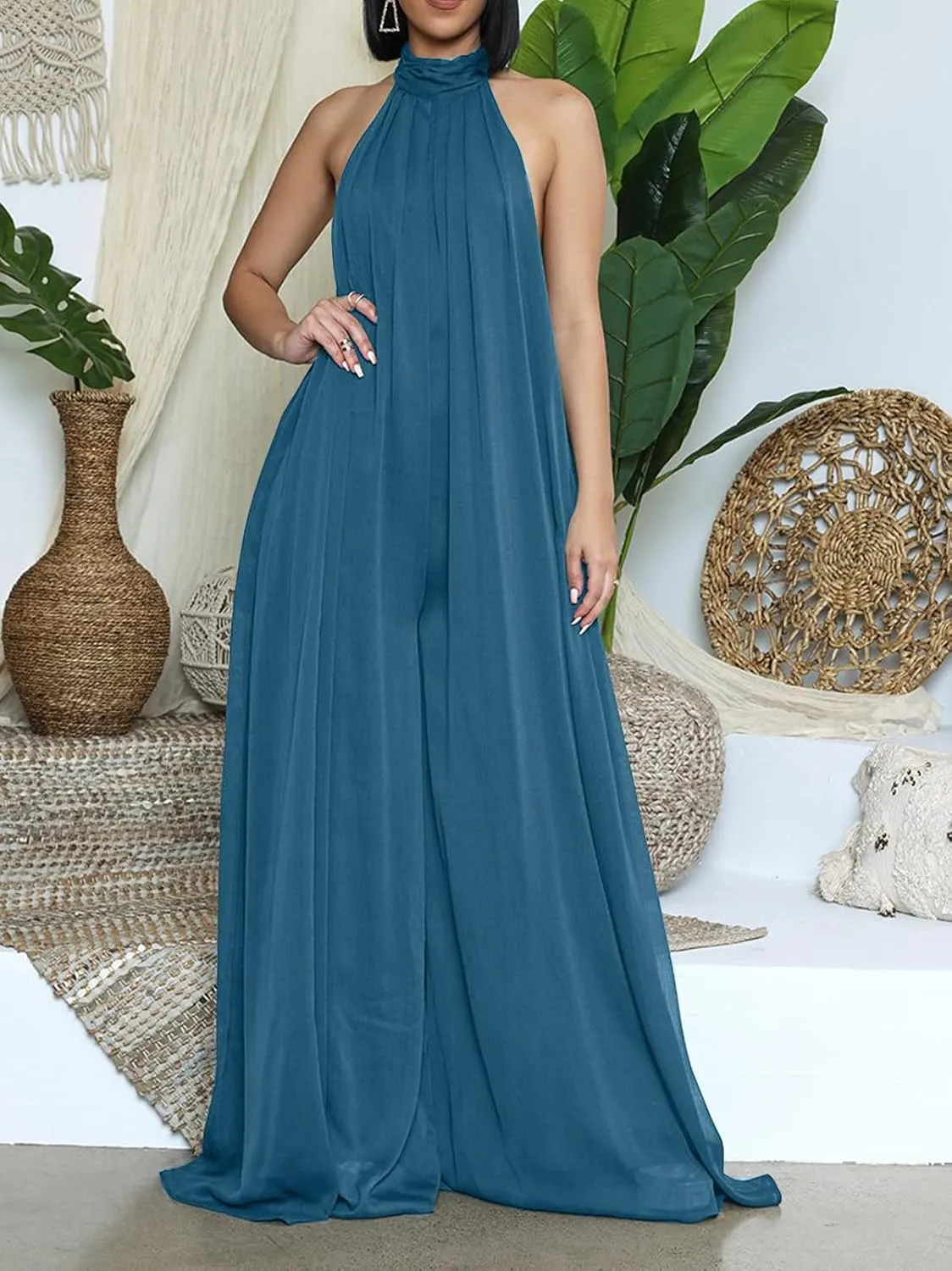Ekaliy Women’s Sexy Summer Jumpsuit Halter Neck Sleeveless Chiffon Wide Leg Long Pant Jumpsuit Romper One Piece Outfits